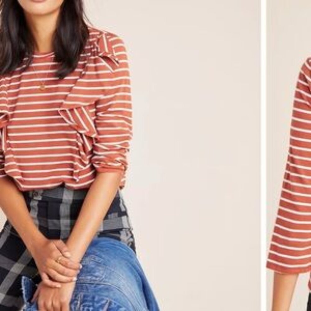 Anthropologie Erika Striped Ruffle Long Sleeve Top Size S Rust White